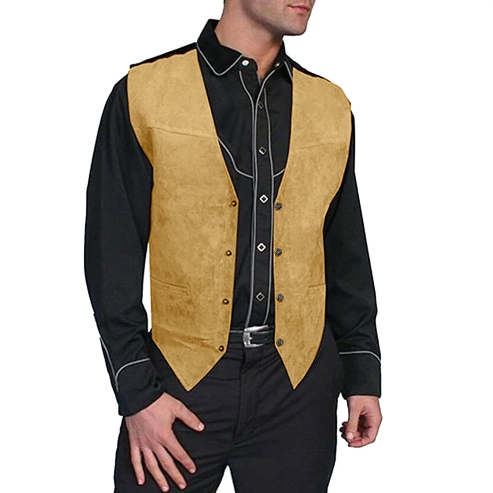 

Men's Vest Gentlemens Suede Retro Gothic V Neck Solid Color Pocket Button Leather Vest Jacket Western Cowboy Style Fashion Coat