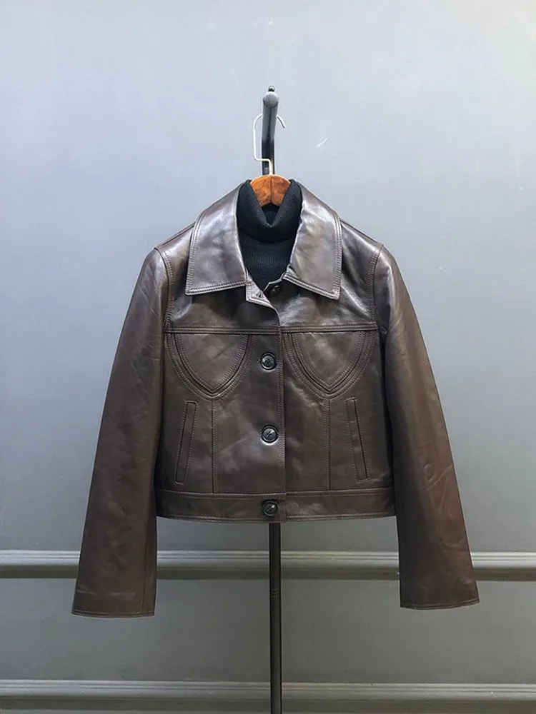Female Autumn Winter Genuine Leather Oil Wax Jacket Turndown Collar Spring Autumn Short Coat Real Sheepskin Outerwear Fashion