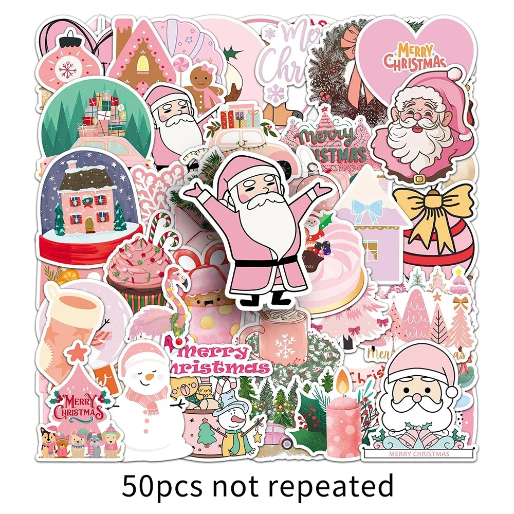 50 pçs rosa natal bonito papai noel adesivos brinquedos bonitos decalques decoração diy telefone geladeira mala skate bicicleta presentes