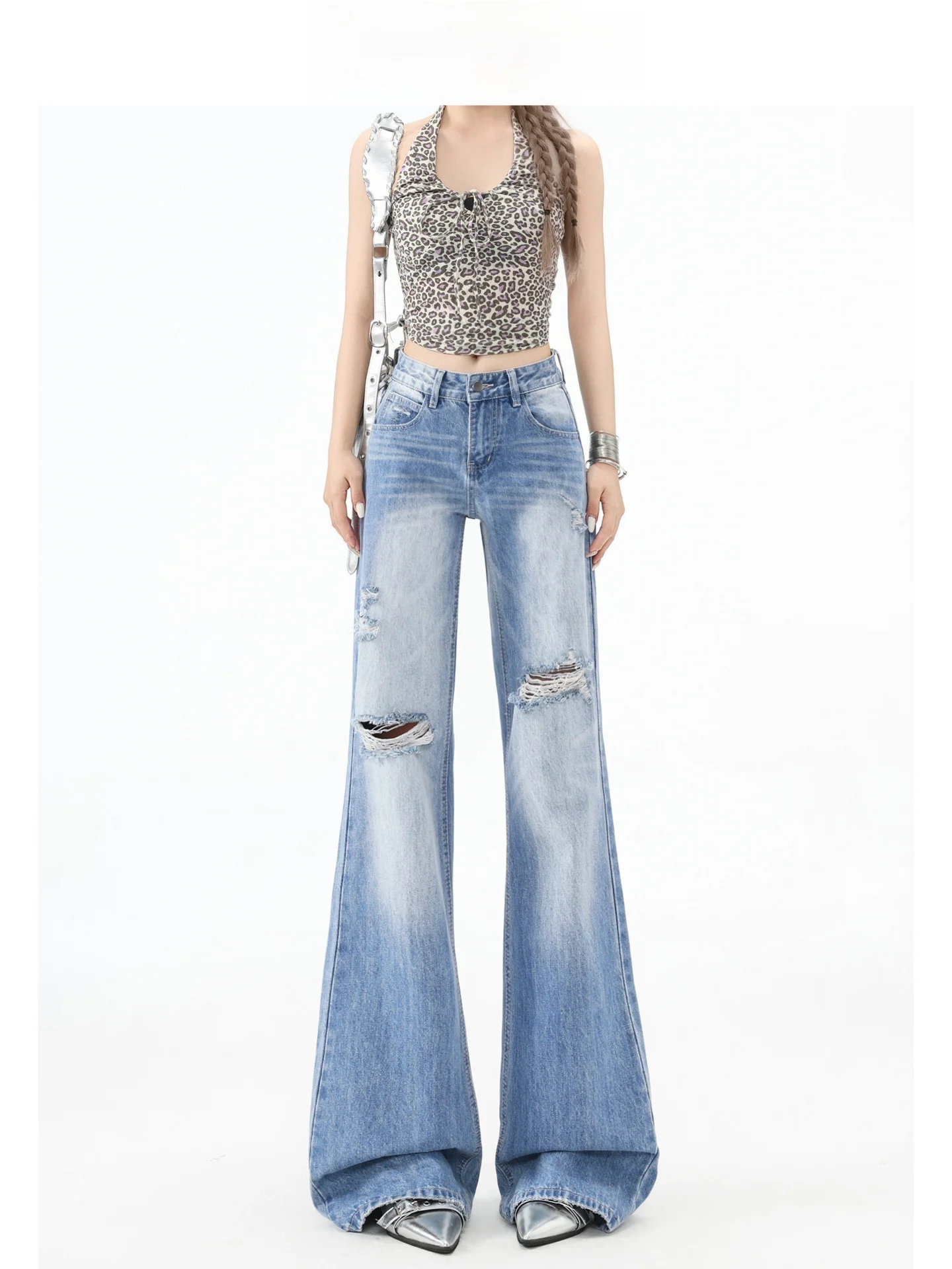 Calça Jeans Feminina Forever 21 High Street Retrô Azul Rasgada Micro Flare Slim Hot Girl Cintura Alta Comprida