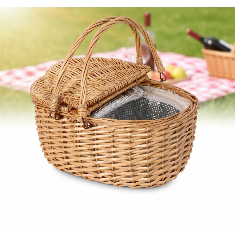 

Vintage Willow Picnic Basket with Insulated Cooler, Handwoven Storage Hamper for Outdoor Gatherings & Beach Trips
