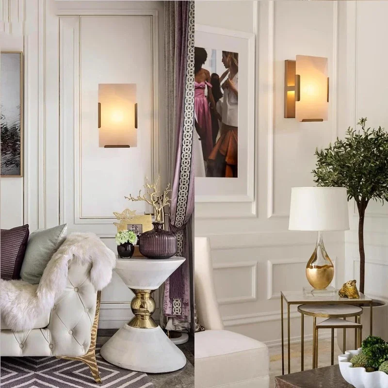 Long Square All Copper Marble Wall Lamps Led Home Decoration Living Room Background Crystal Light