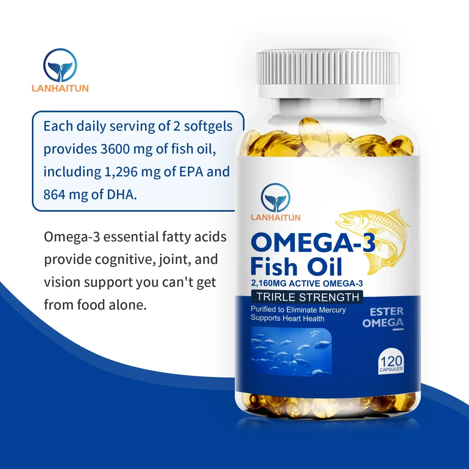 LANHAITUN Omega 3 Fish Oil Capsules Ultra-Pure Supplement Promotes Joint, Eye, Skin Health, Supports Fatty Acids, Immune Support