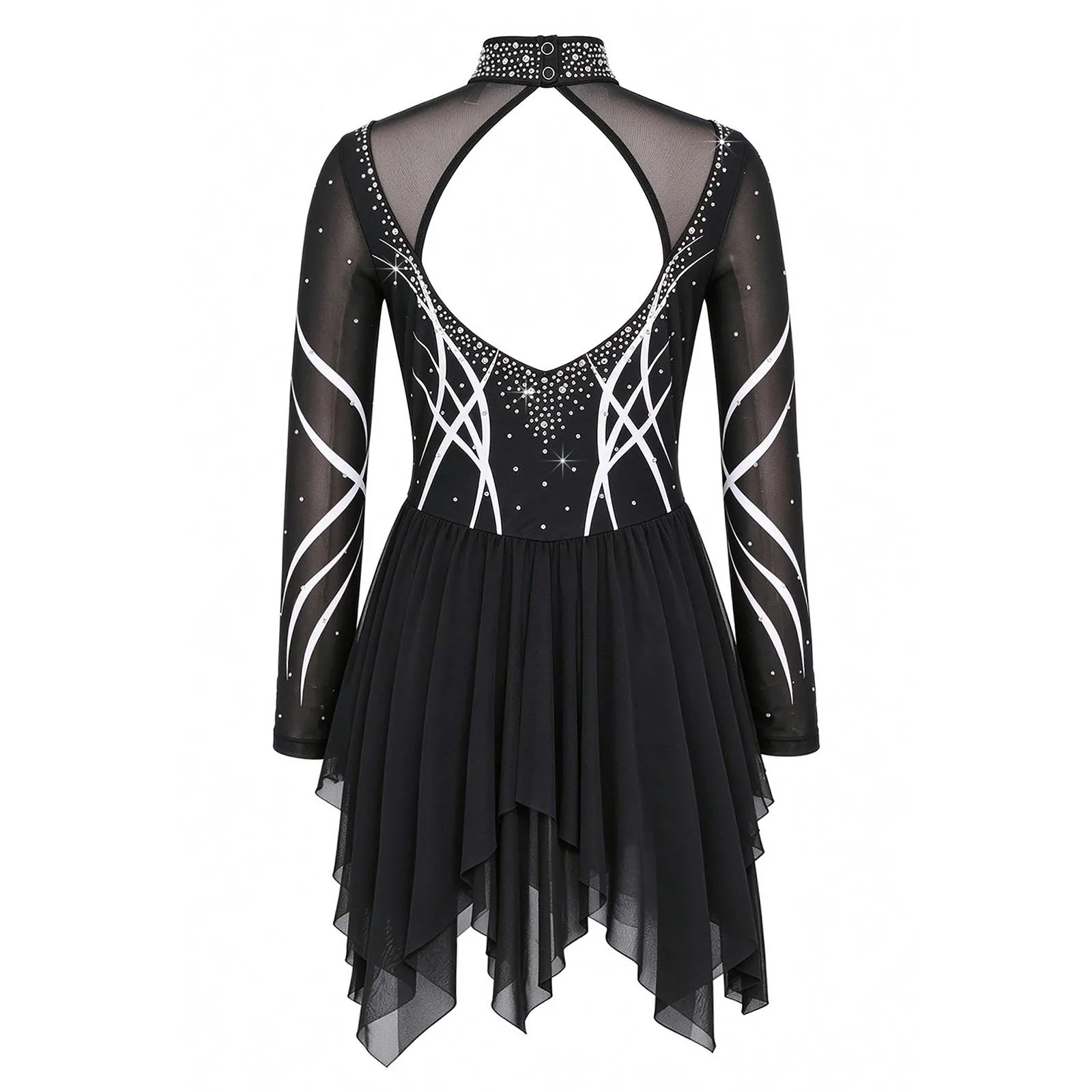 Kids Girls Figure Skating Dance Competition Dancewear Asymmetrical Hem Shiny Rhinestones Dress Ballet Gymnastics Show Costume