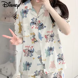 Disney Stitch Cartoon letnia piżama damska nowa słodka drukowana luźna dorywczo zestaw ubrań domowych wersja koreańska modny zestaw bielizny nocnej