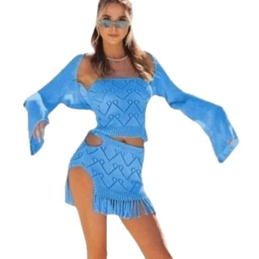 2024 sommer Neue Strand frauen Einfarbig Sexy Gestrickte Stehkragen Bikini Badeanzug Hoodie Set