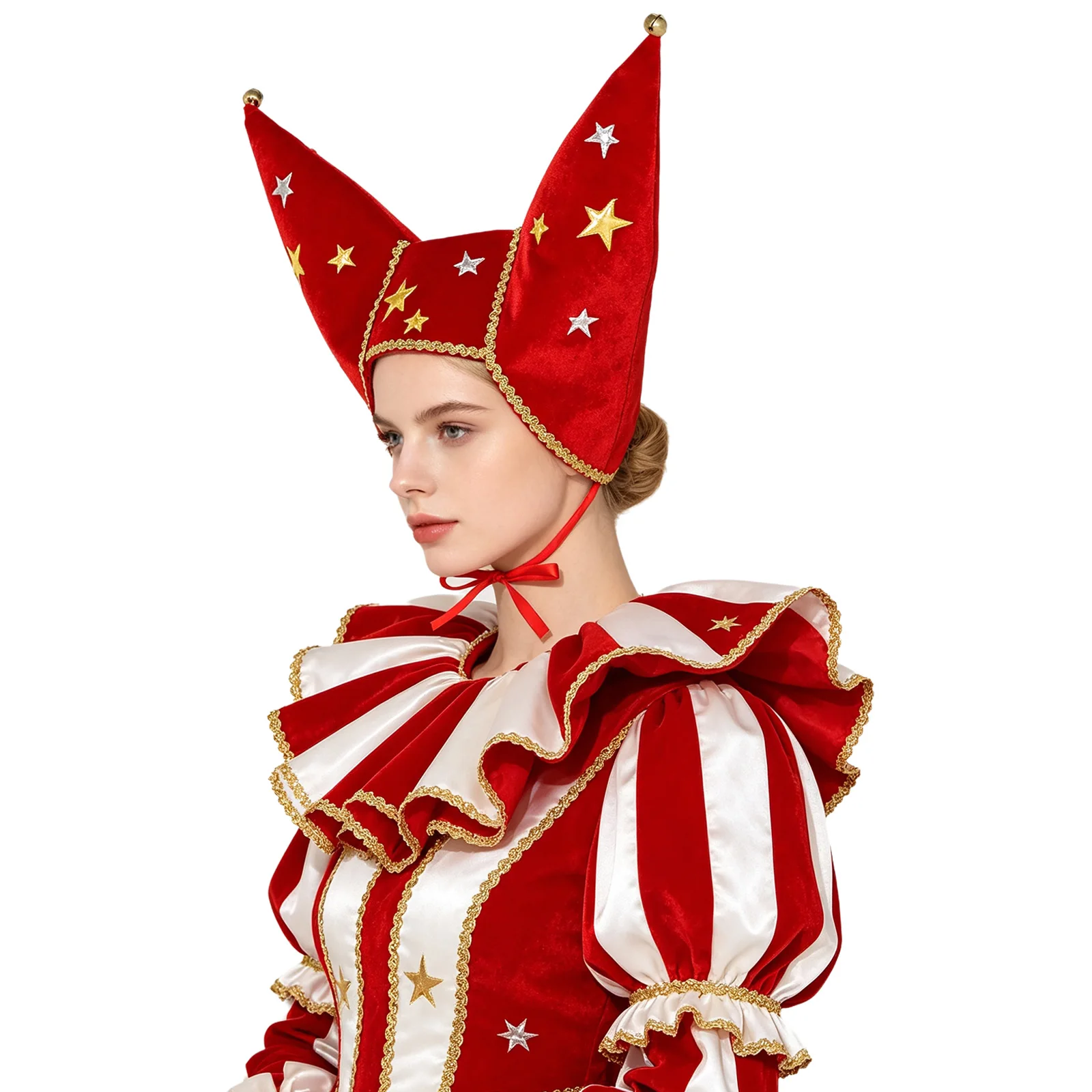 Adults Carnival Circus Clown Dress-up Hat Metallic Stars Velvet Jester Cap with Bells for Halloween Cosplay Costume Accessory