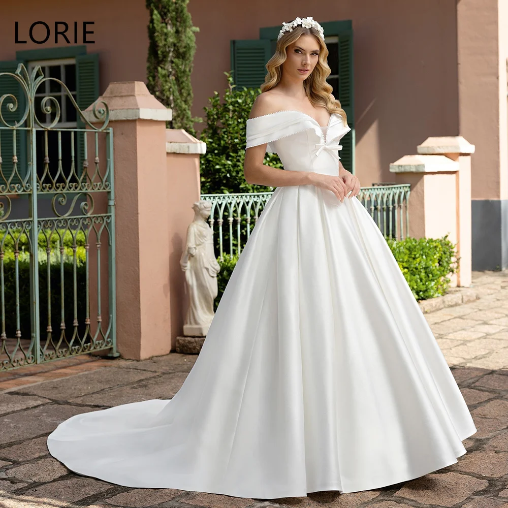 

LORIE Elegant Satin Wedding Dresses Bow Off The Shoulder A-Line Bride Prom Gown Draped Floor-Length Bridal Gowns Customized