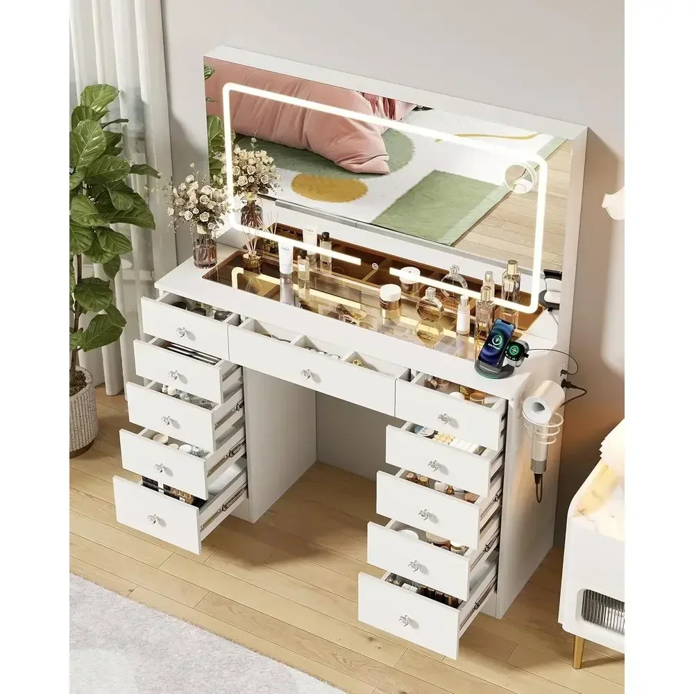 Lighted Vanity Mirror with Adjustable Brightness, Makeup Desk, 3-Light Vanity, Glass Top Option for Bedroom, White