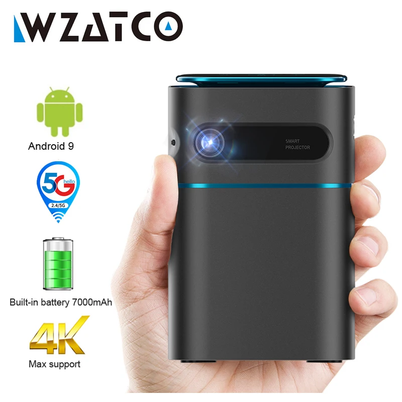 WZATCO A8 Built in battery Portable DLP Projector Smart Android 11 5G WiFi Support 1080P Full HD 3LED Beamer Mini Home Proyector