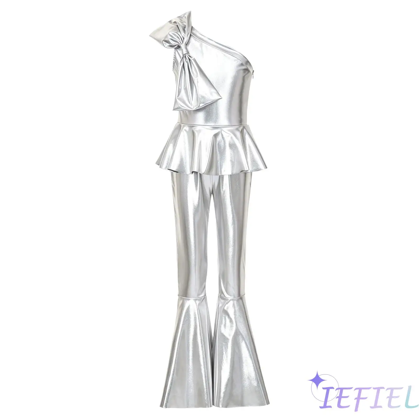 

Kids Stage Performance Costume Girls Metallic Flared Pants Jumpsuit One Shoulder with Bowtie Ruffle for Disco Hippie Dance