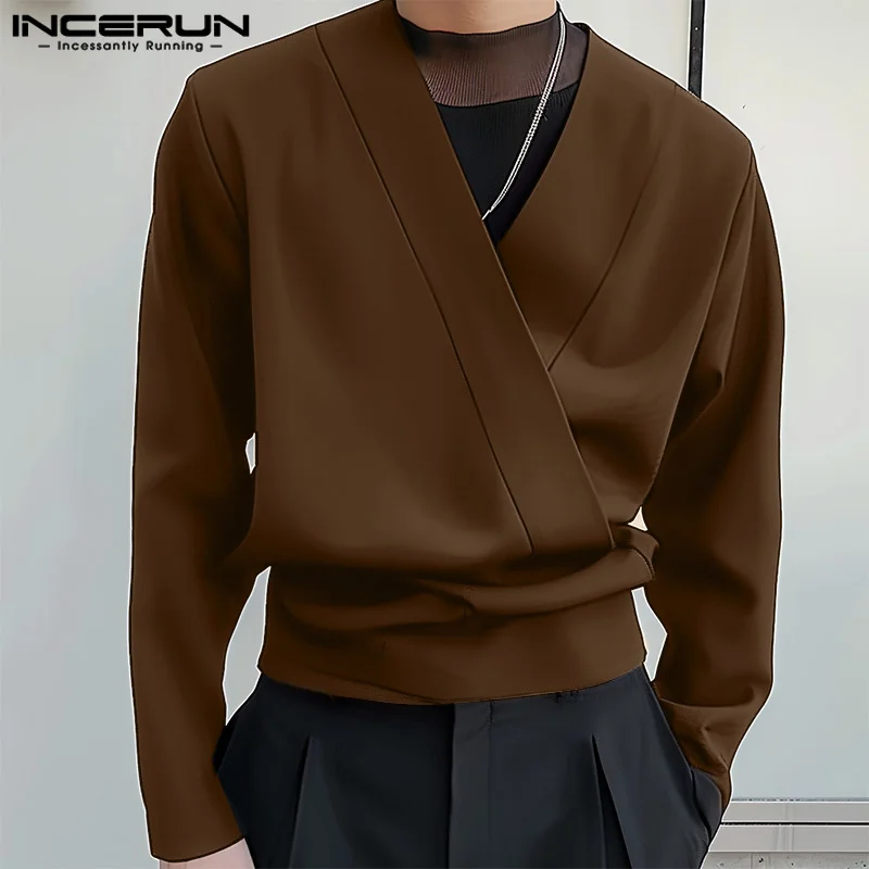 INCERUN Tops 2024 Korean Style Fashion Men Deconstruction Design Shirts Casual Streetwear Solid V-neck Long Sleeved Blouse S-5XL