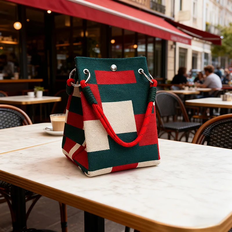 

Knit Tote Bag Color Block Handbag For Women Stripes Print Bucket Bags Small Handles Metal Rings Snap Closure For Casual Travel