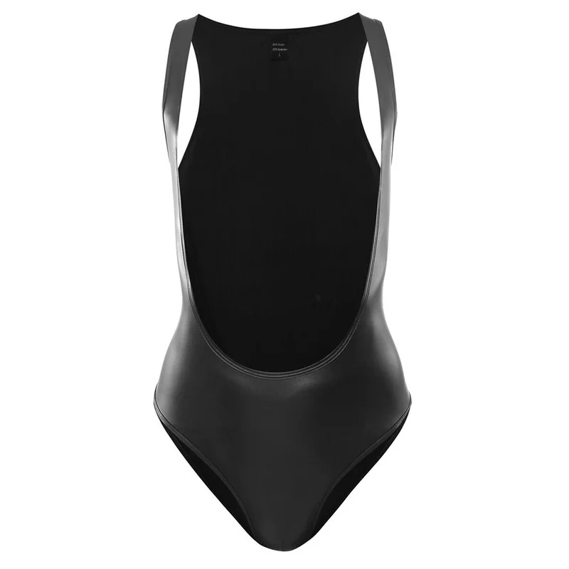 Mens Sexy Black Wet Look PU Leather Bodysuit One-Piece Wrestling Singlet Jumpsuit Sexy Gay Jockstrap Leotard Underwear Hombre