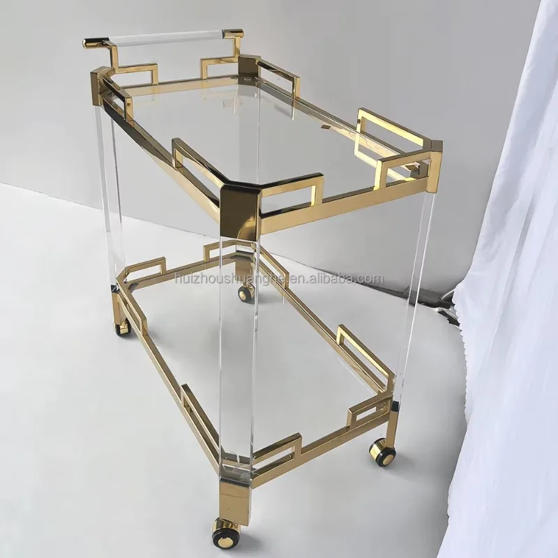 Factory Wholesale 2-Layer Stainless Steel Acrylic Service Trolley Gold Car 2-Level Restaurant Bar Dining Kitchen Living Room