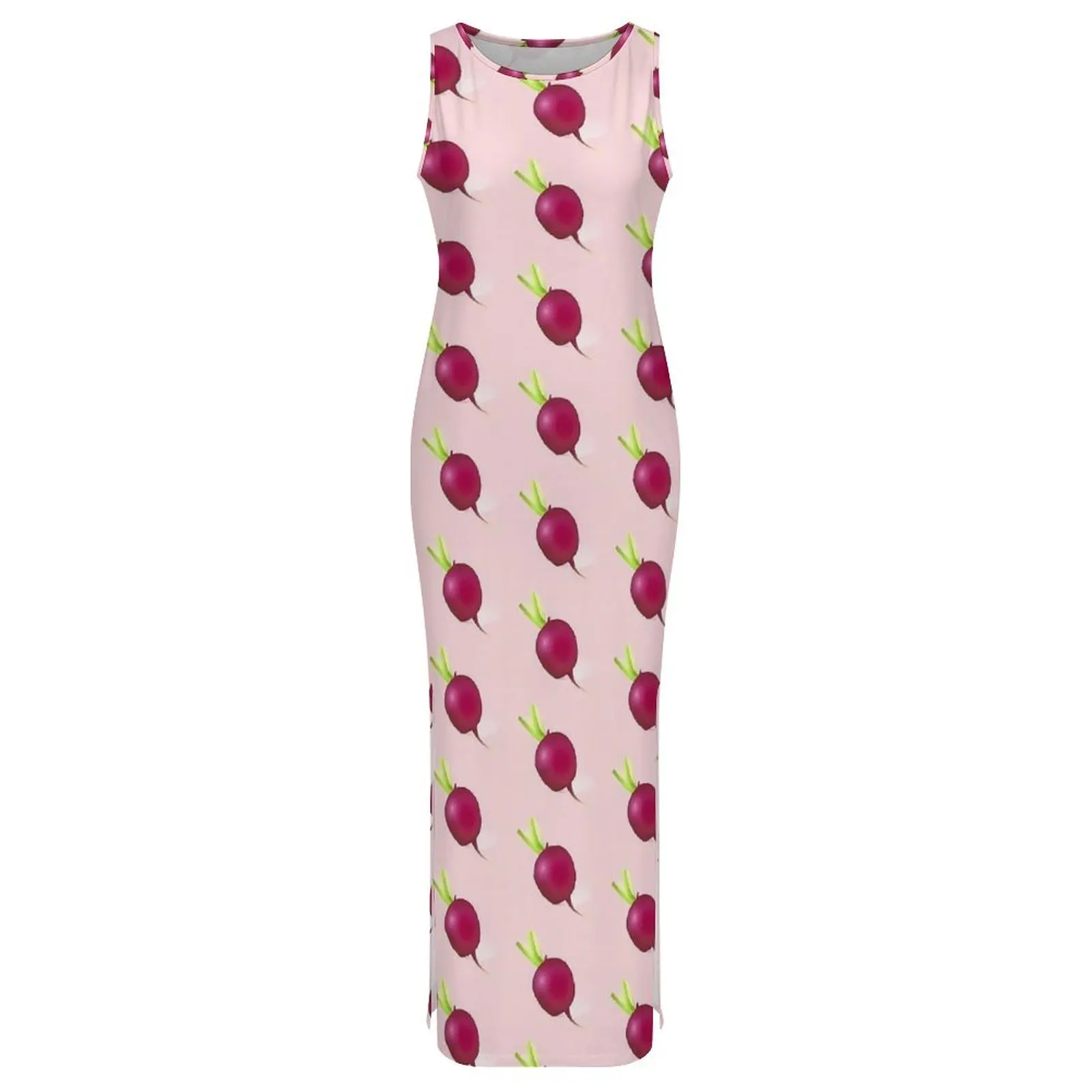 여성 붉은 무 드레스 야채 프린트 캐주얼 Y2k Bodycon 드레스 휴일 민소매 맥시 드레스 패턴 오버 사이즈 Vestidos