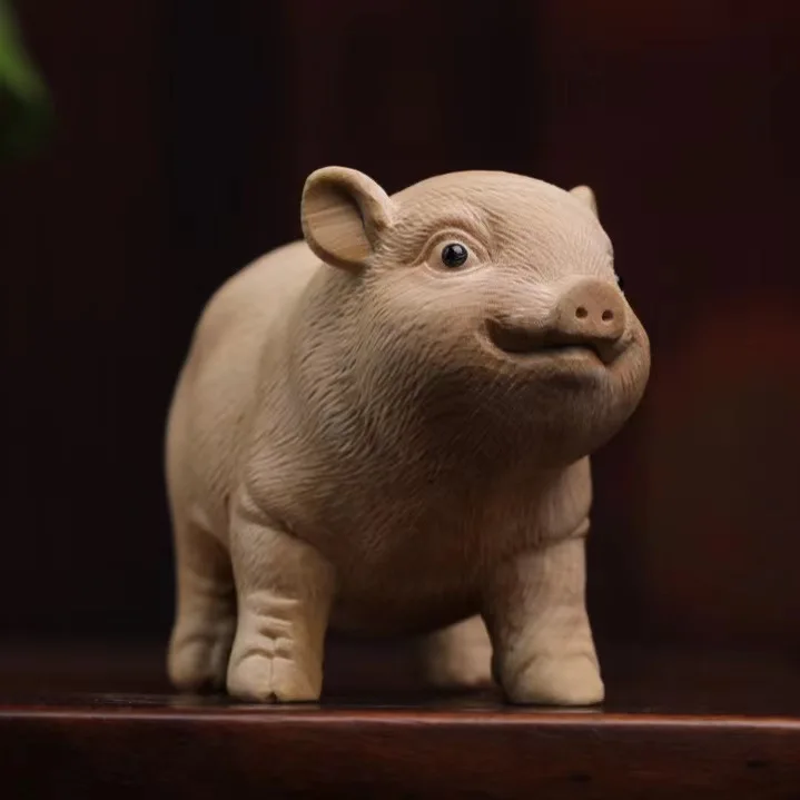 Small leaf boxwood carving pig hand piece Wenwan solid wood ornament handicraft pig zodiac ornament