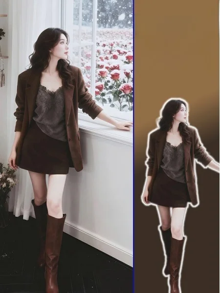 

Retro Lace Csole Vest Suit High Waist Skirt plus Size Tee Piece Set for Women Casual Winter Faion Ensemble