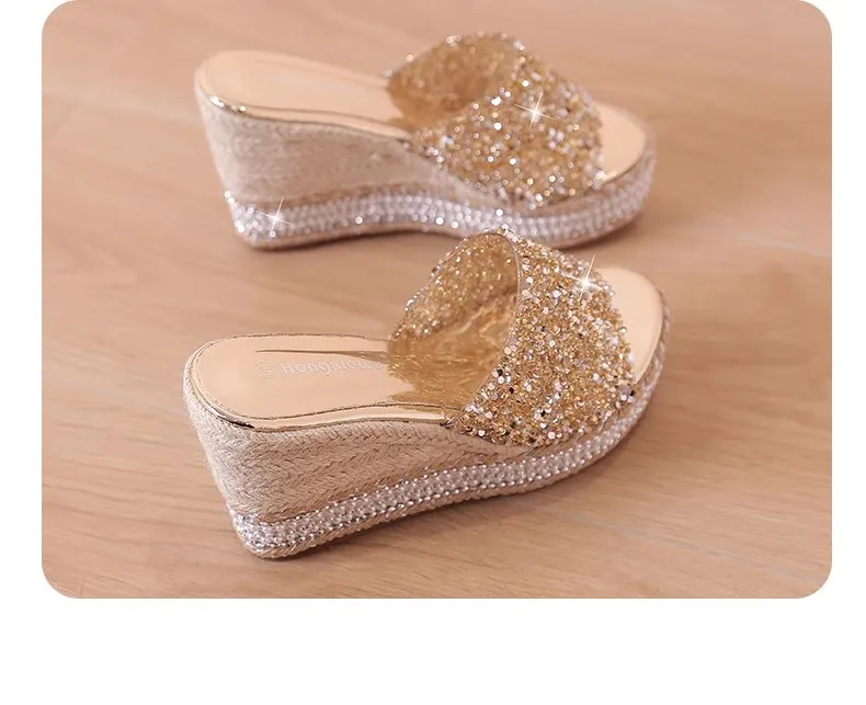 Platform Sandals Women 8cm Rhinestone Slippers Female Summer Pumps Fashion sandalias sexys de mujer Genuine Leather Women Slides