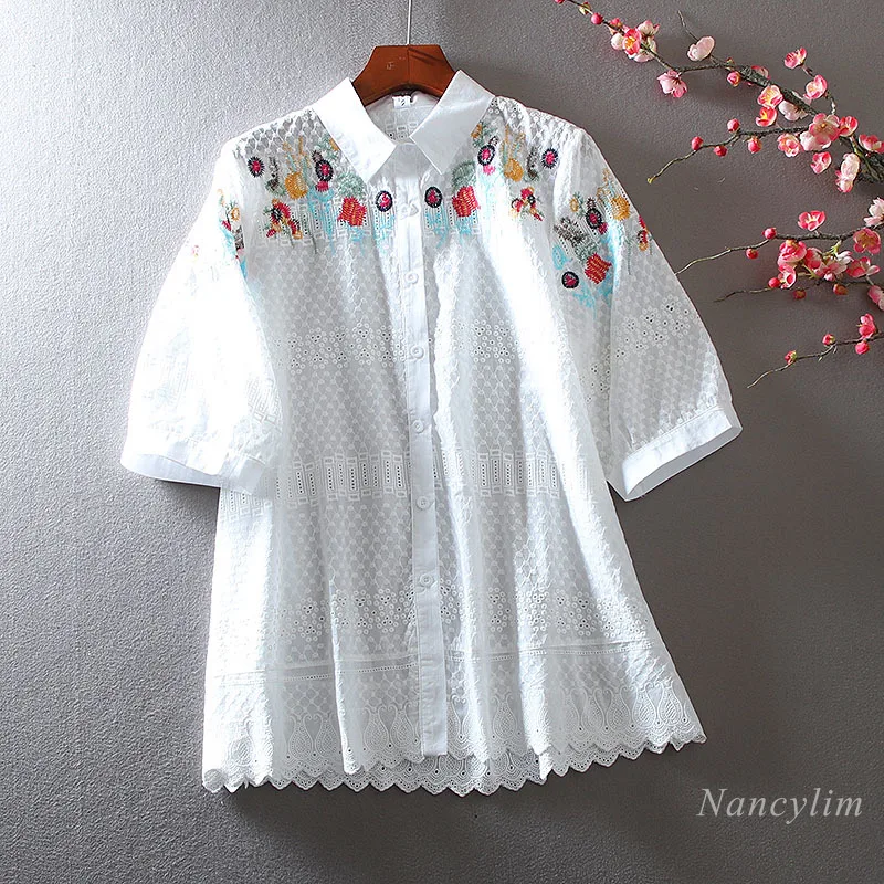 Artistic Elegant Embroidery Lapel Design Blouse Loose Casual Half Sleeve Large Size Slimming Shirt Women's Mid-Length Top Fall