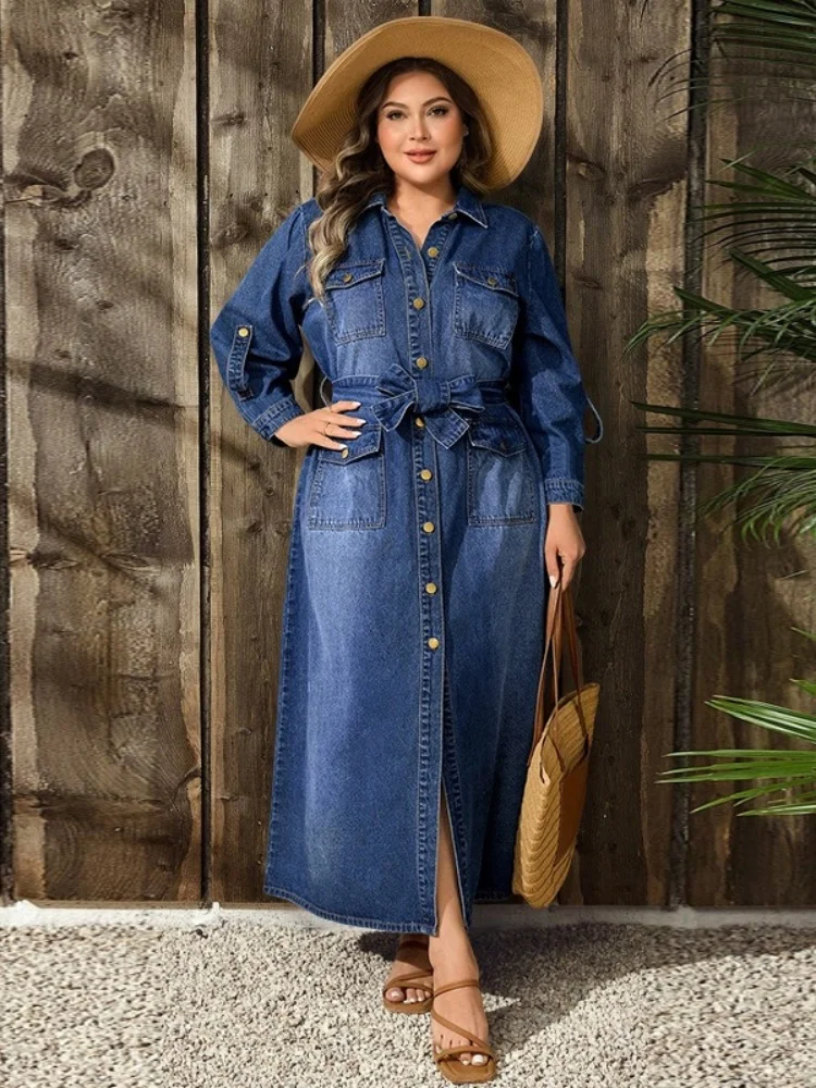 Women Plus Size Denim Maxi Dress Lapel Collar Button Front Belted Waist Long Sleeve Multi Pockets Casual Long Shirt Dress