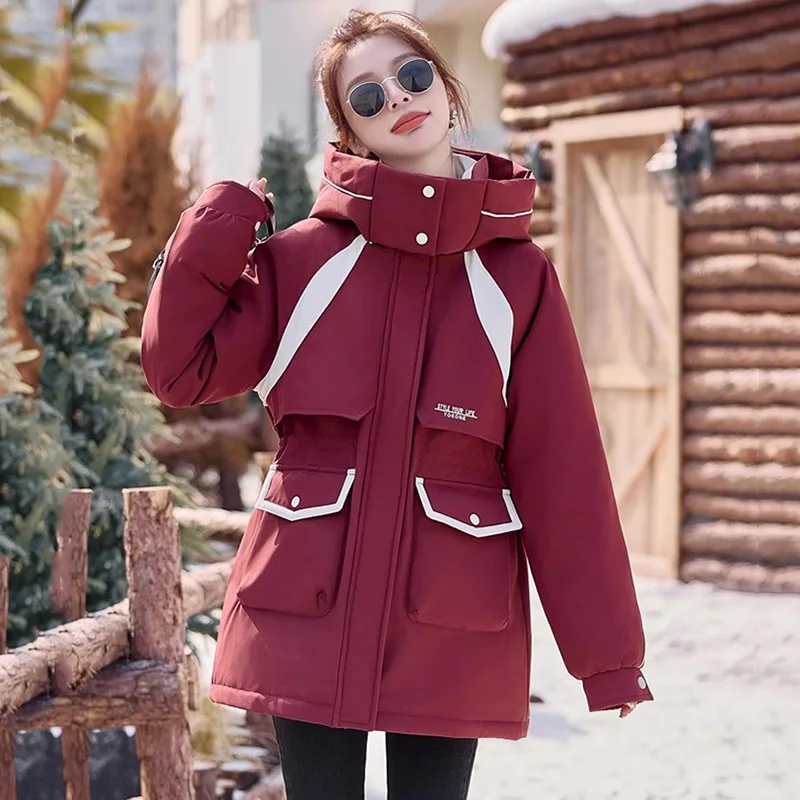 New Women Winter Down Coat Fashion Hooded Wide-waisted Mid-Long White Duck Down Jacket Casual Loose Thick Warm Safari Style Coat