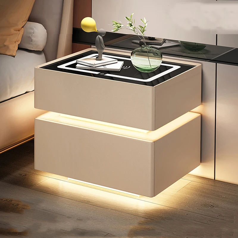 طاولة سرير ذكية من الخشب الفاخر الحديث مع إضاءة LED ومكبرات صوت شحن لاسلكية وبصمات الأصابع مع درج لغرفة النوم وأثاث أبيض