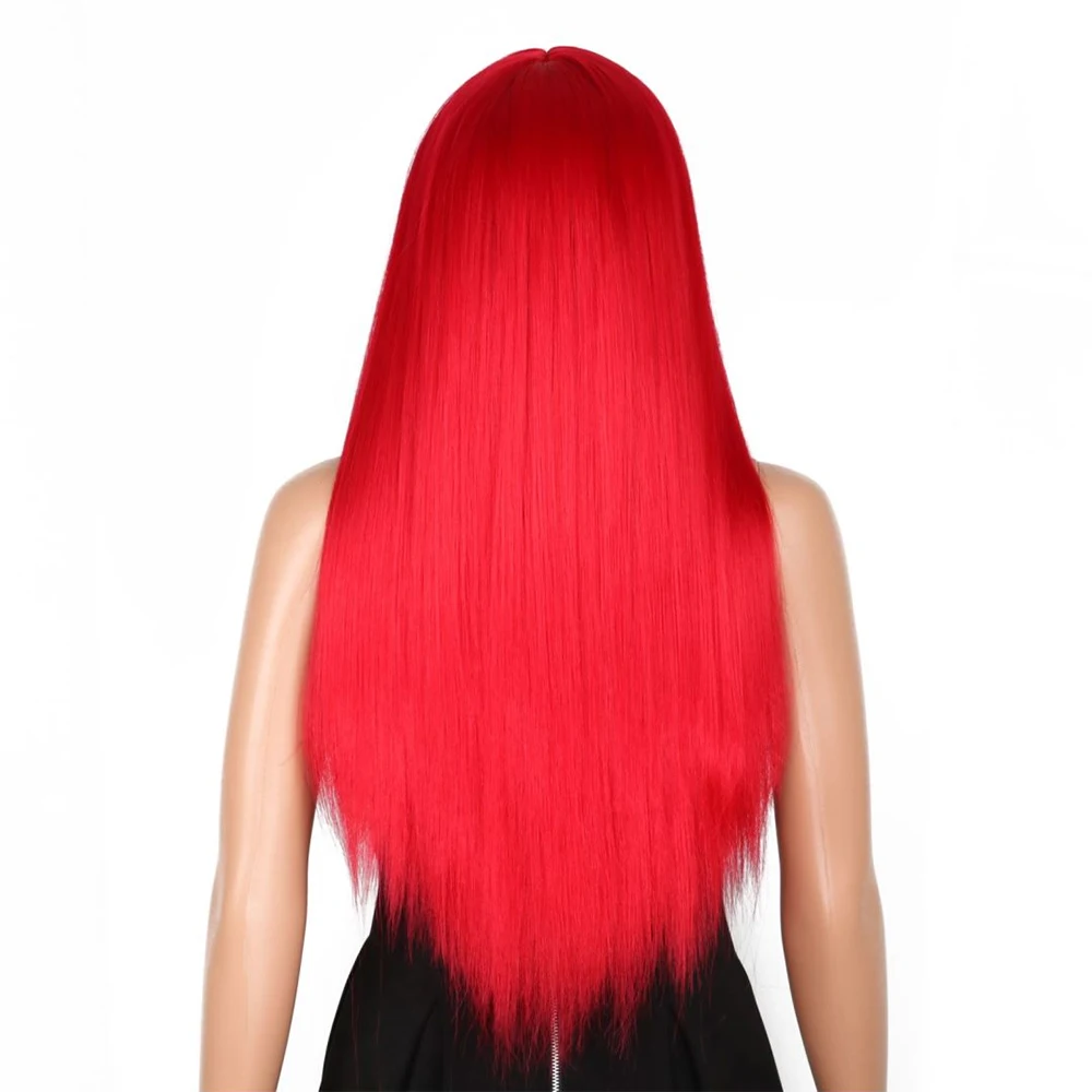 1PCS 28inch Long Straight red Middle Part bangs Synthetic Hair Wigs Heat Resistant Glueless Rose Net Cap Cosplay halloween wigs