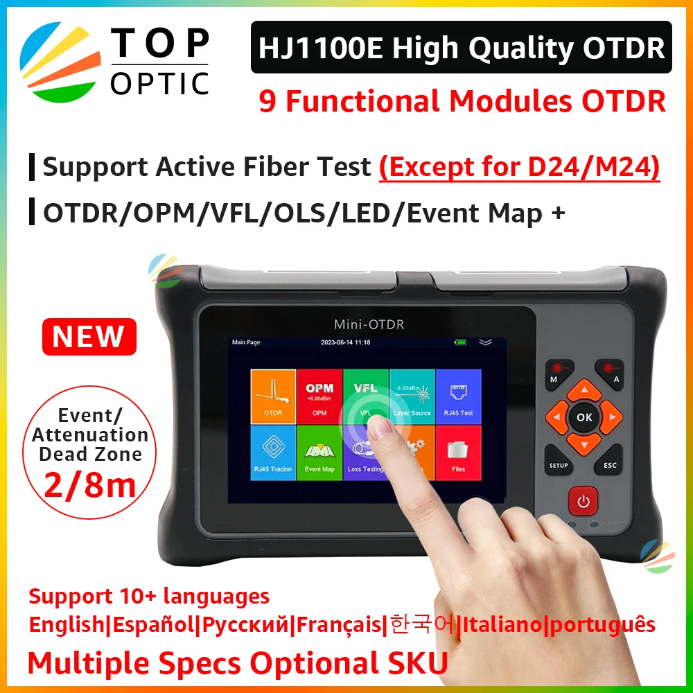 2024 New Active Live Fiber Optic Reflectometer Mini OTDR 26/24dB Touch Screen VFL OLS OPM Event Map Ethernet Cable Tester