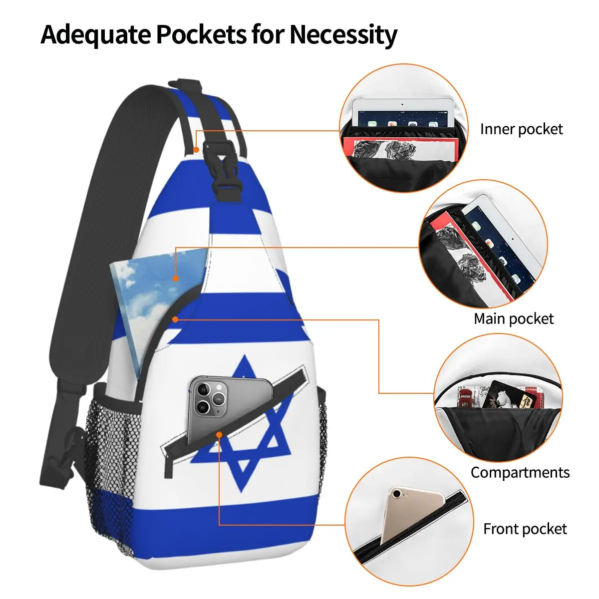 Israël Vlag Sling Tassen Borst Crossbody Schouderslinger Rugzak Reizen Wandelen Daypacks Modepakket