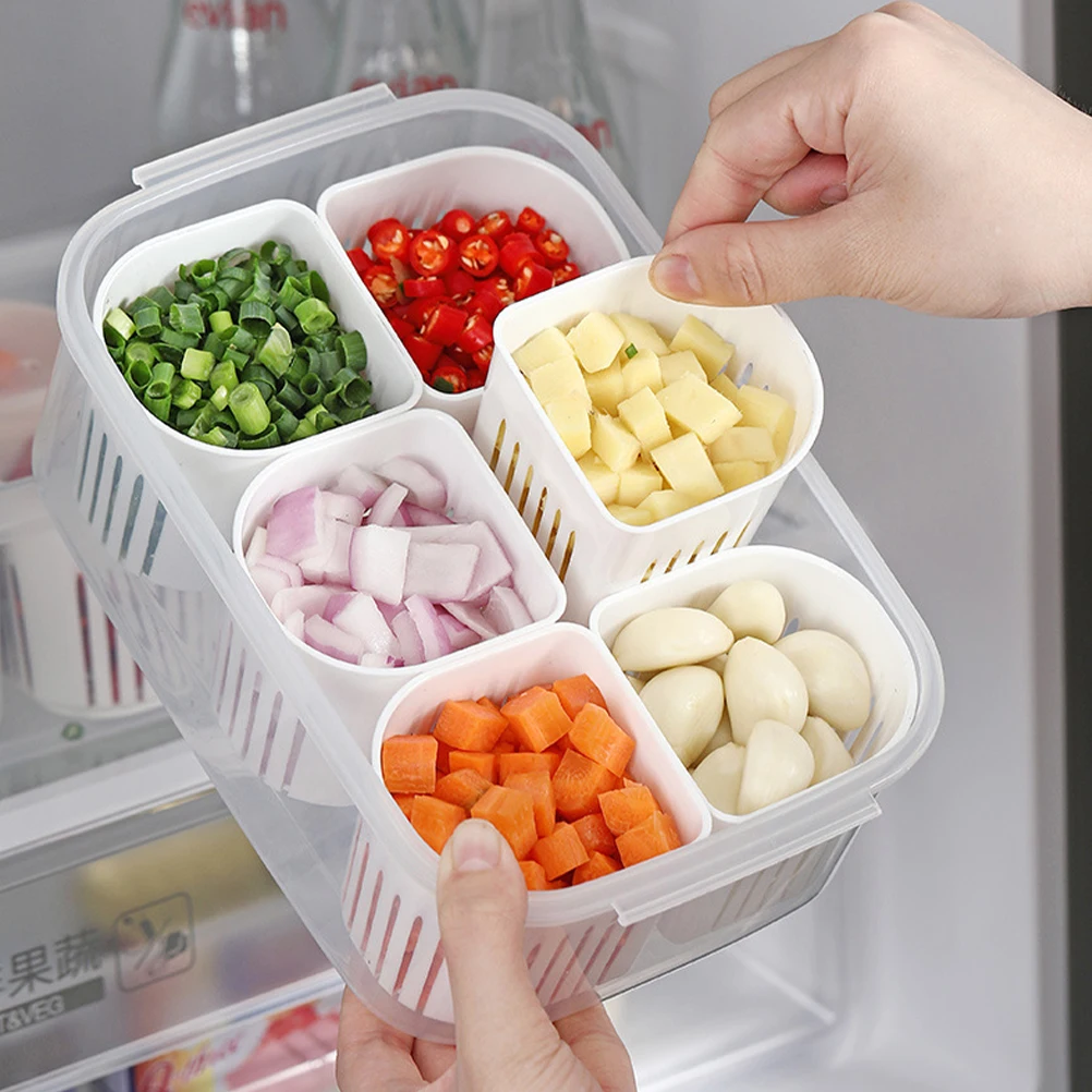 

Multi Compartment Fridge Storage Box Kitchen Organizer Transparent Food Preservation Container 6 Dividers Garlic Ginger Onion