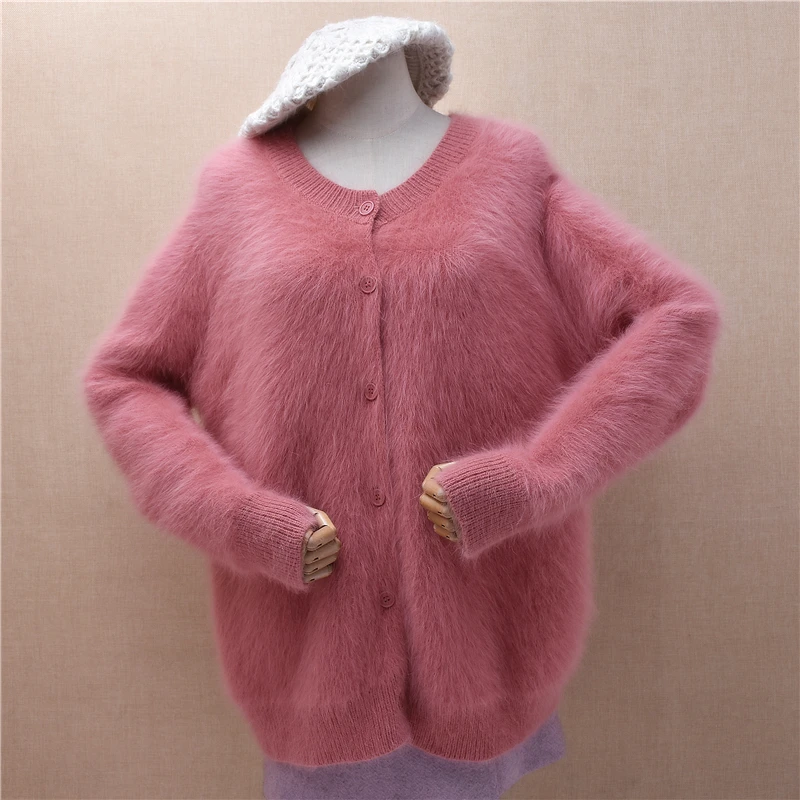 Ladies Women Autumn Winter Clothing Hairy Plush Mink Cashmere Knitted Long Sleeves Angora Fur Loose Cardigans Sweater Jacket Top