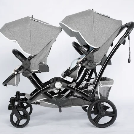Hoogwaardige tweelingkinderwagen Tweerichtingskinderwagen, lichtgewicht, opvouwbaar en kan zitten of liggen voor pasgeborenen