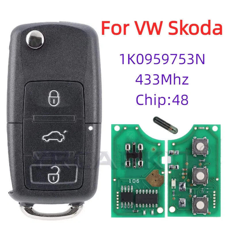 

Ключ дистанционного управления 1K0959753N ID48 для Volkswagen VW PASSAT B5 B6 Skoda CADDY GOLF JETTA Tiguan POLO Blade Key HU66 433 МГц