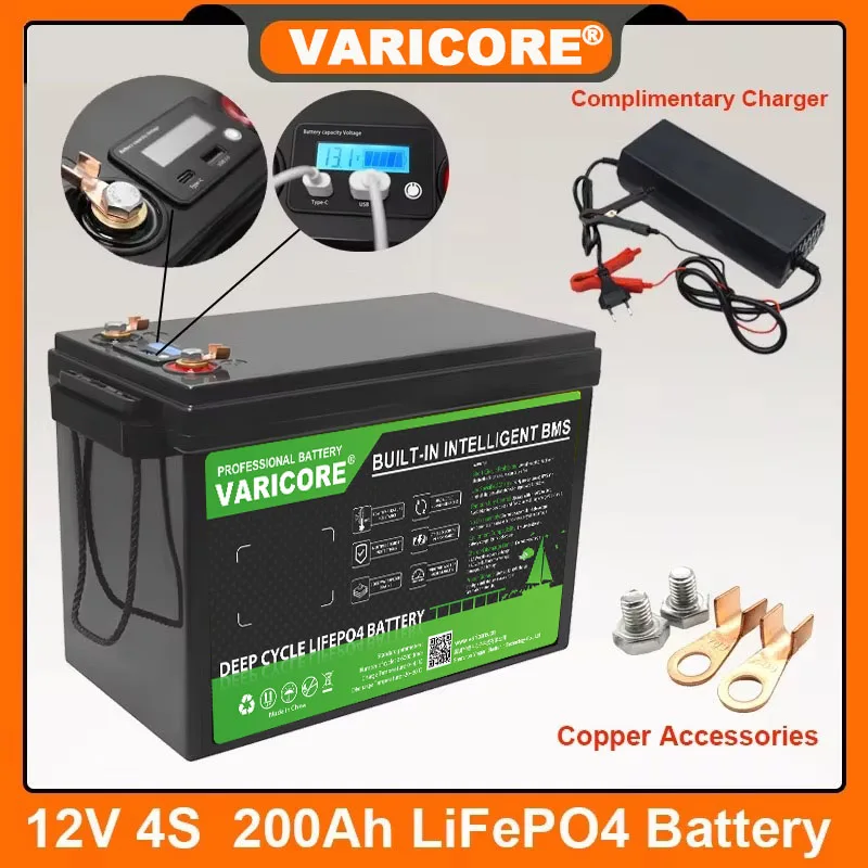 

VariCore 12v 12.8V 200Ah LiFePO4 battery 4 String BMS USB 3.0 For RV Campers Golf Cart Off-Road Solar Wind 14.6V 20A Charger