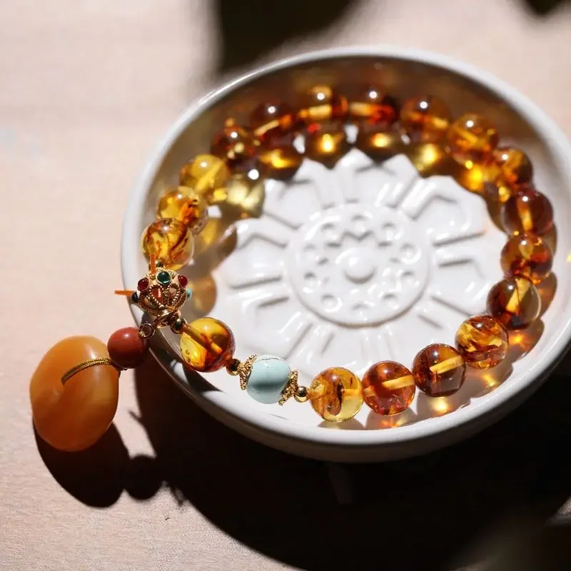 Natural Amber Beeswax Huapo Round Bead Bracelet Single Circle Women's Retro Style Light Luxury High-end Hand String Women's Gift