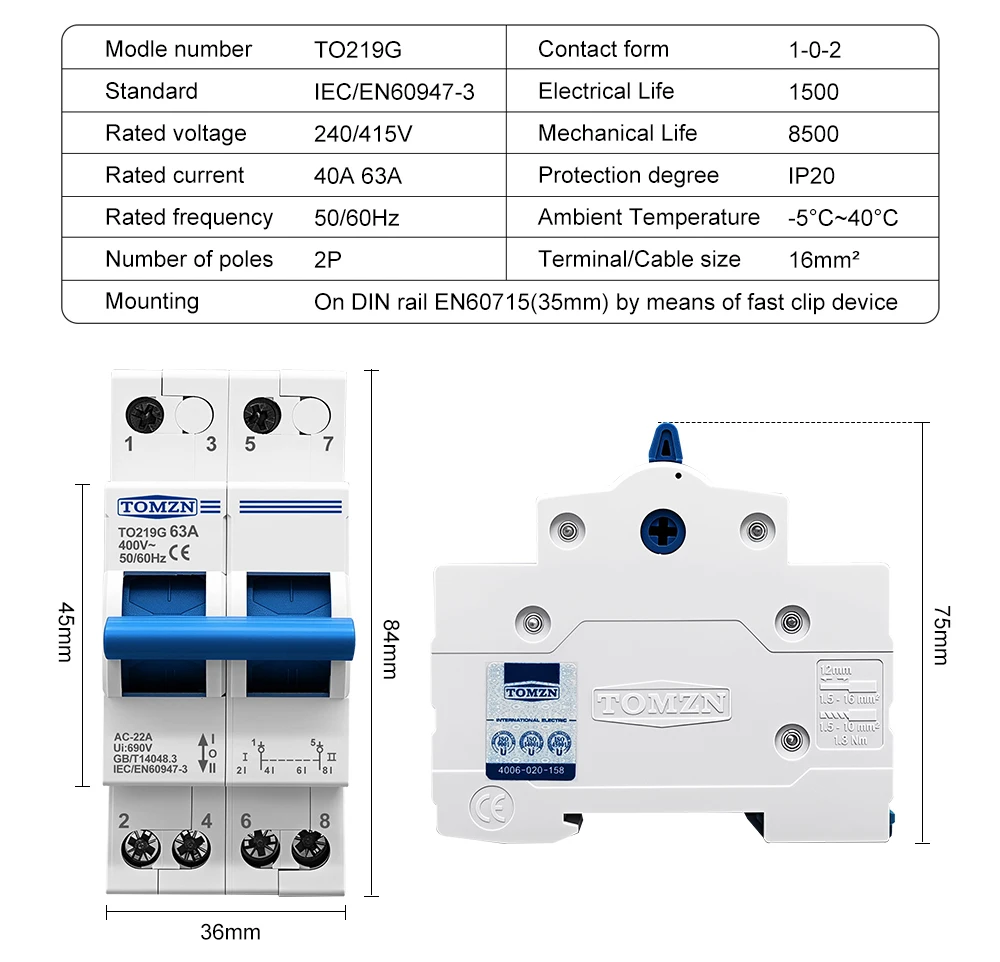 1P 2P 3P 4P 63A TOMZN MTS Dual Power Manueller Übertragungs-Trennschalter Interlock-Leistungsschalter – Detail 15