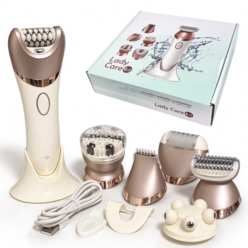 6 in 1 Lady Care Electric Epilator for Women, Rechargeable Shaver Hair Remover, Facial Cleansing Skin Massager Multifunction Bea