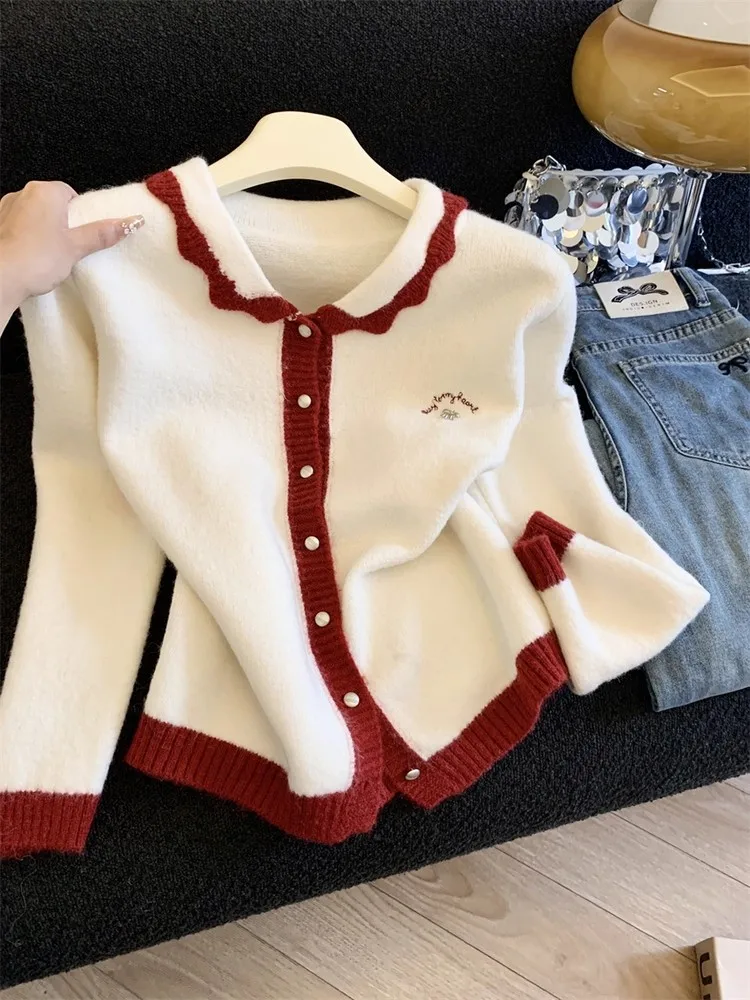 

Новый модный женский вязаный кардиган Sweet Sle на осень-зиму с металлическим узлом, цветными блоками и воротником-стойкой