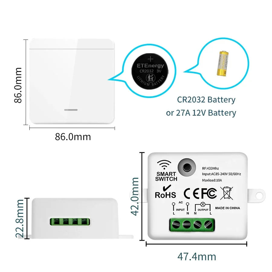 Interruttore a parete intelligente per illuminazione a Led RF 433Mhz interruttore Wireless modulo interruttore telecomando 10A 100-240V 86mm 1/2/3