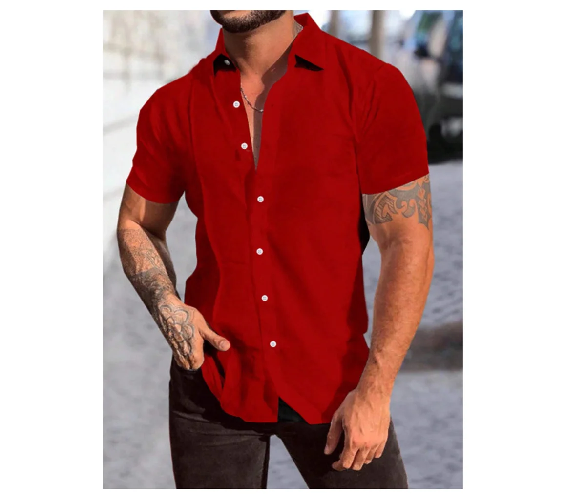 

Men's Hawaiian shirt solid color lapel short sleeved shirt summer vacation casual men's street comfortable soft clothing