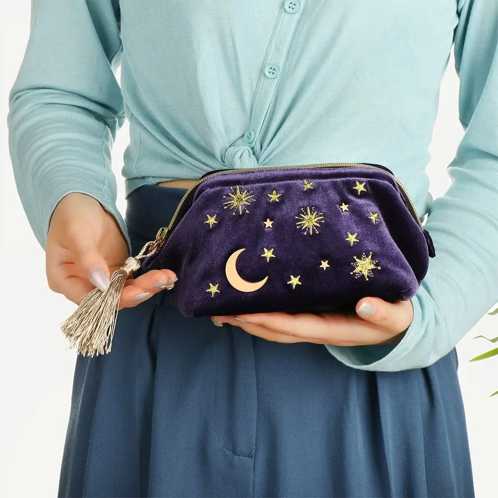 Embroidered Velvet Cosmetic Bag Star Moon Pattern Portable Make Up Bag Travel Organizing Brush Pouch for Women and Girl