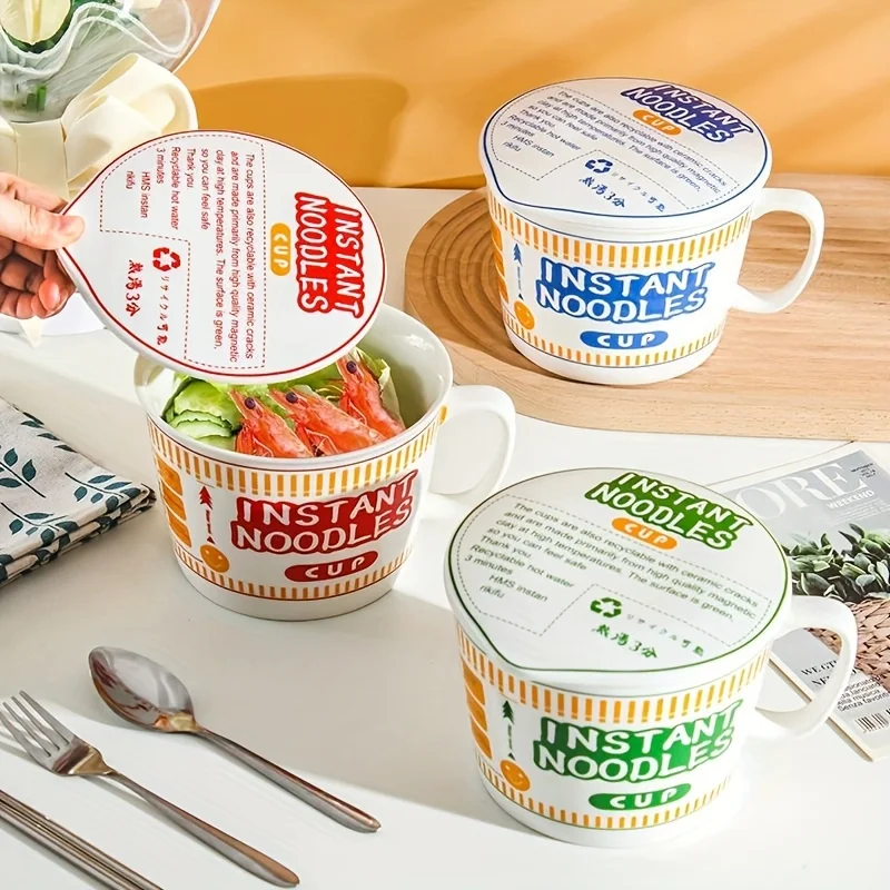 

Japanese Style Creative Ceramic Noodle Bowl with Lid Large Capacity Handle Ramen Cup for Dormitory