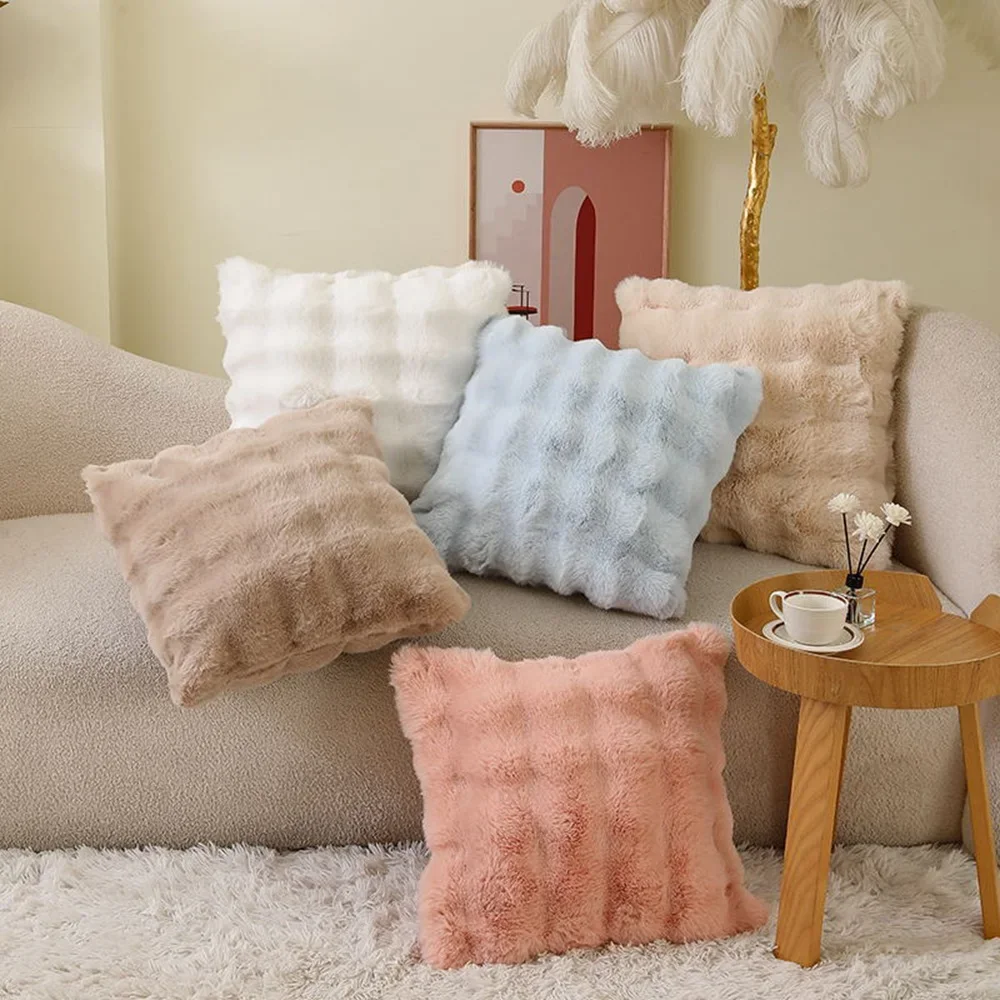 Soft Fur Cushion Cover 45*45cm Cozy Plush Decorative Pillow Cover for Living Room Sofa Decor Pillowcase White Grey Cushion Case