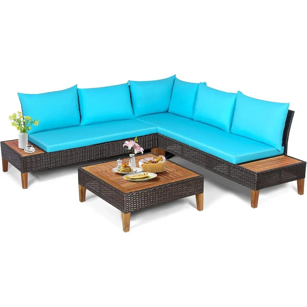 

Turquoise Cushioned Rattan Patio Furniture Set with Wooden Side Table