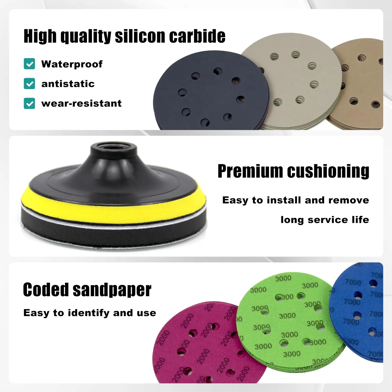 54 pz 5 pollici 8 fori carta vetrata Wet Dry carta vetrata Kit con M10 Pad di supporto Hook & Loop Soft Foam tampone per legno metallo auto