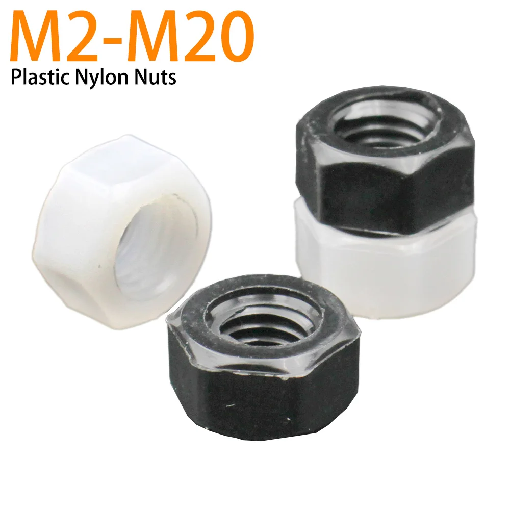 5-50pcs M2 M2.5 M3 M4 M5 M6 M8 M10 M12 M14 M16 M18 M20 DIN934 White or Black Plastic Nylon Hex Hexagon Nut