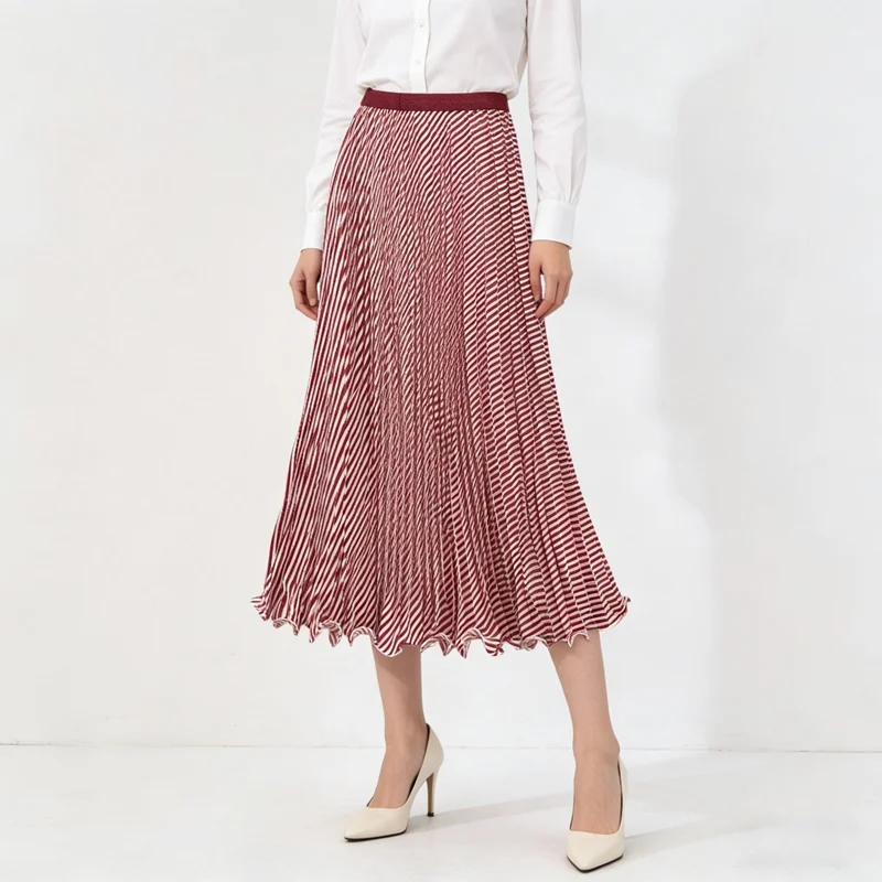 Summer Plaid Striped Skirt Pleated Long Skirt Women Vintage Casual High Waisted A-line Dance Party Beach Skirt Ankle-Length