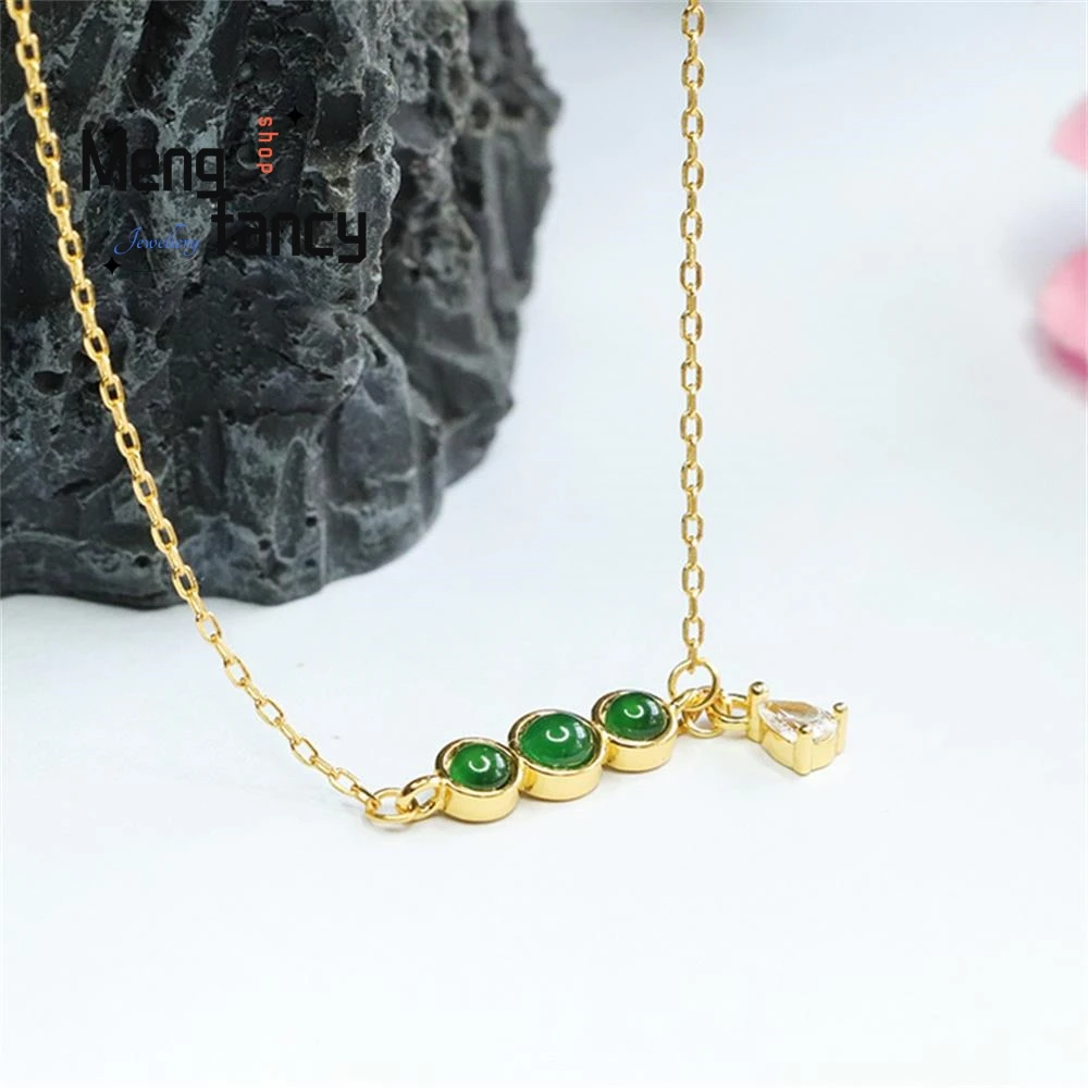 S925 Silver Inlaid Natural Jadeite Ice Type Imperial Green Set Chain Pendant Exquisite Elegant Simple High-grade Fashion Jewelry