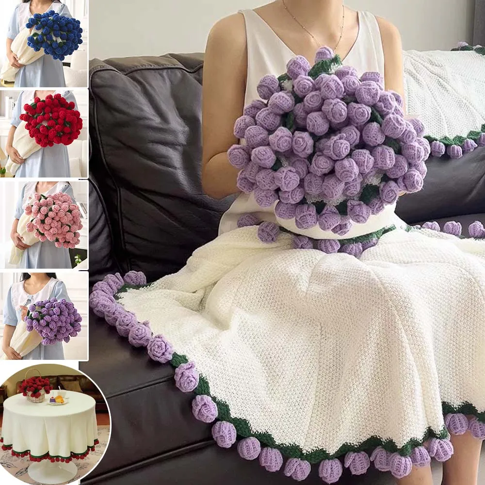 

Crocheted Rose Flower Bouquet Blanket Table Cloth DIY Warm Throw Blanket Gift for Indoor Outdoor Valentine's Dayr New Year 겨울이불